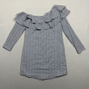 Adelyn Rae Top Size‎ Small Gingham Navy White One-Shoulder Ruffle 3/4 Sleeve NWT